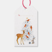 Modern Woodland blauw en rode dieren, bomen en vog Cadeaulabel (Voorkant)