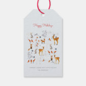 Modern Woodland blauw en rode dieren, bomen en vog Cadeaulabel (Achterkant)