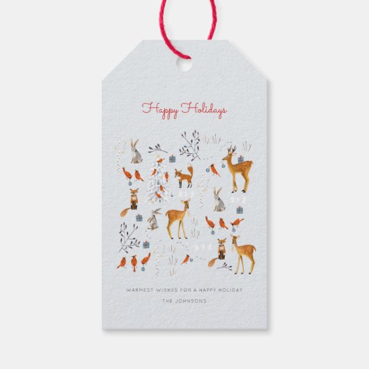 Modern Woodland blauw en rode dieren, bomen en vog Cadeaulabel (Achterkant)