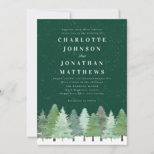 Modern Woodland Forest Green Winter Wedding Kaart (Voorkant)