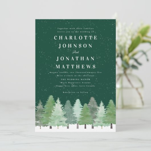 Modern Woodland Forest Green Winter Wedding Kaart (Staand voorkant)
