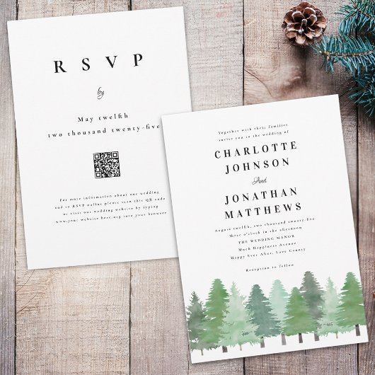 Modern Woodland Forest QR Code Winter Wedding Kaart