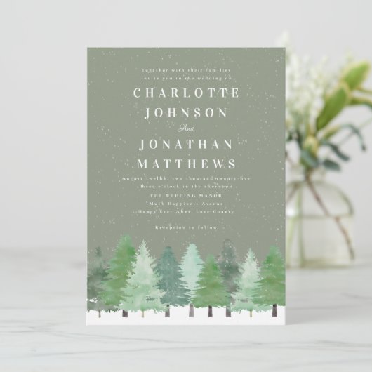 Modern Woodland Forest Sage Green Winter Wedding Kaart (Staand voorkant)