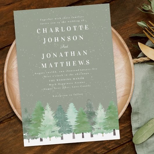 Modern Woodland Forest Sage Green Winter Wedding Kaart