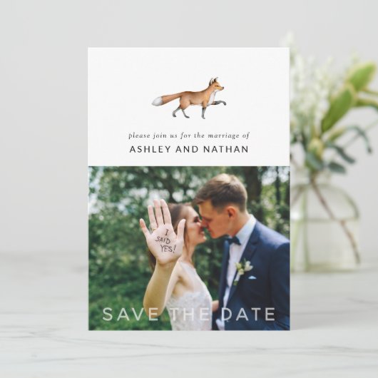 Modern Woodland Fox Photo Wedding Save The Date (Staand voorkant)