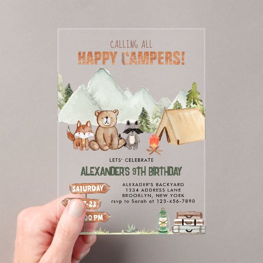 Modern Woodland Happy Camper Camping Kinderen Verj Acryl Uitnodigingen (Insitu (Draagbaar))