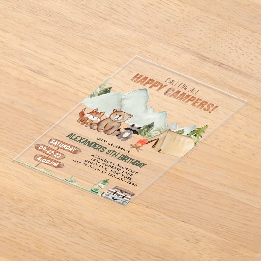 Modern Woodland Happy Camper Camping Kinderen Verj Acryl Uitnodigingen (Laagn)