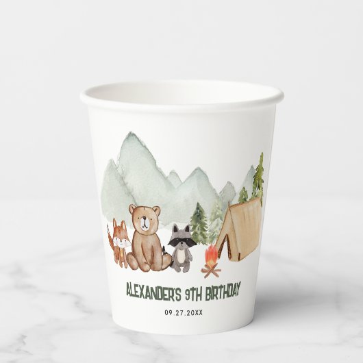 Modern Woodland Happy Camper Camping Kinderen Verj Papieren Bekers (Achterkant)