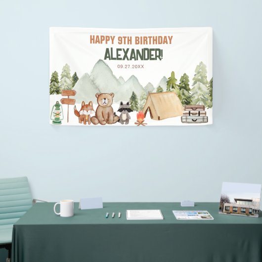 Modern Woodland Happy Camper Camping Kinderen Verj Spandoek (Beurs)