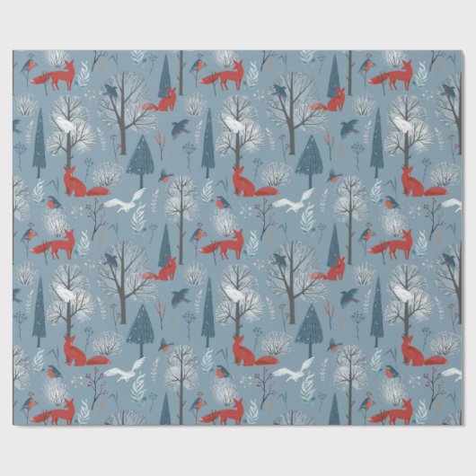 Modern Woodland Nordic Winter Foxes Birds Pattern Cadeaupapier (Vlak)
