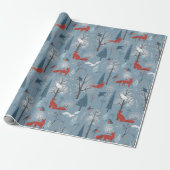 Modern Woodland Nordic Winter Foxes Birds Pattern Cadeaupapier (Uitgerold)