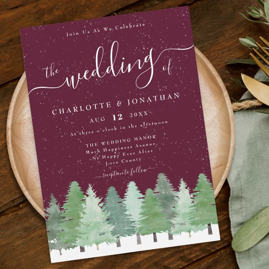 Modern Woodland Rustic Burgundy Winter Wedding Kaart