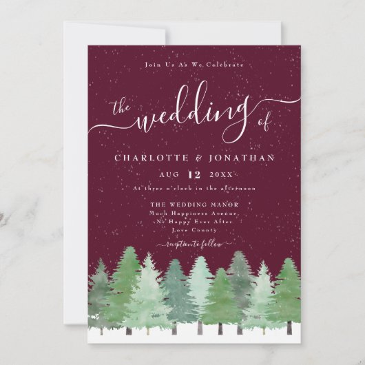 Modern Woodland Rustic Burgundy Winter Wedding Kaart (Voorkant)