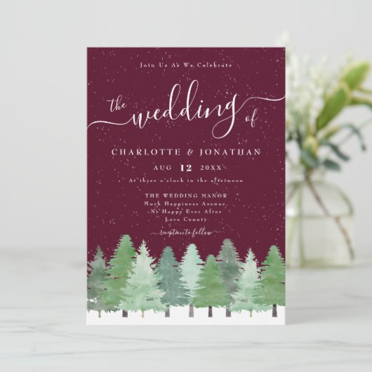Modern Woodland Rustic Burgundy Winter Wedding Kaart (Staand voorkant)
