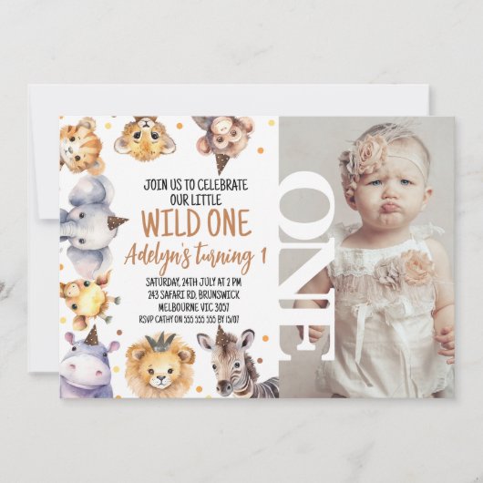 Modern Woord Safari Dieren Wild Een 1e Verjaardag Kaart (Voorkant)