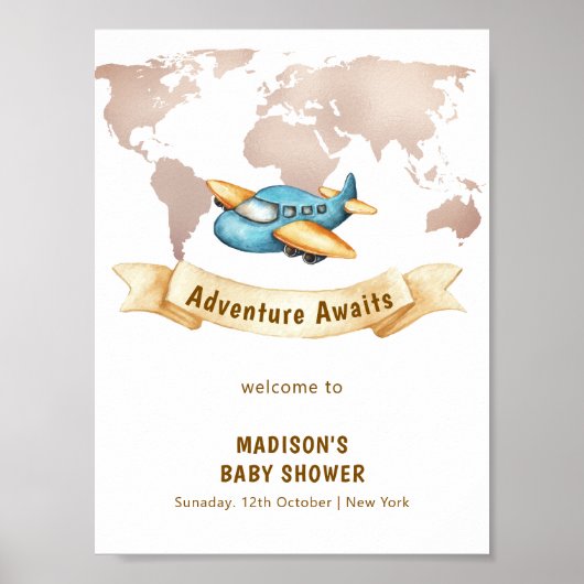Modern World Map Airplane Boy Baby Shower Welcome Poster (Voorkant)