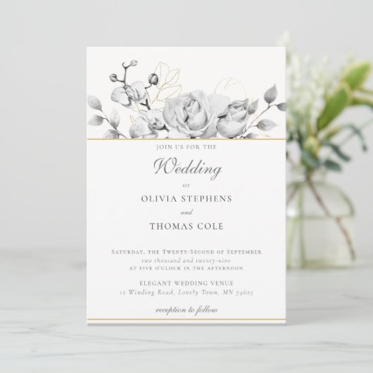 Modern Wreath Black White Wedding Invitation Kaart (Staand voorkant)