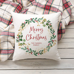 Modern Wreath en script   Vrolijk kerstfeest Kussen