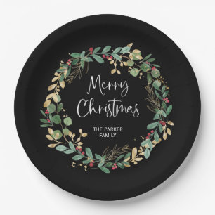 Modern Wreath en script   Vrolijk kerstfeest Papieren Bordje