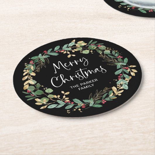 Modern Wreath en script | Vrolijk kerstfeest Ronde Kartonnen Onderzetter (Gebogen)