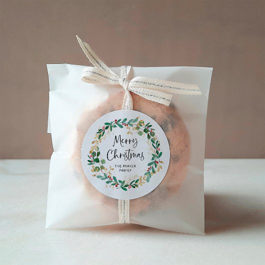 Modern Wreath en script | Vrolijk kerstfeest Ronde Sticker