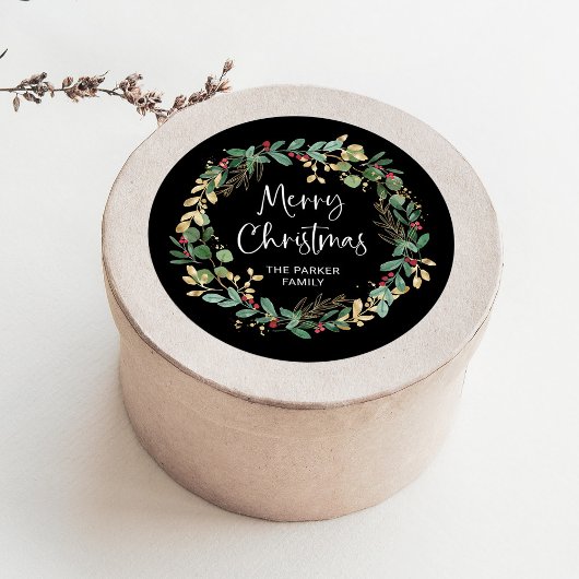 Modern Wreath en script | Vrolijk kerstfeest Ronde Sticker