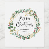 Modern Wreath en script | Vrolijk kerstfeest Wijn Etiket (Enkel label)