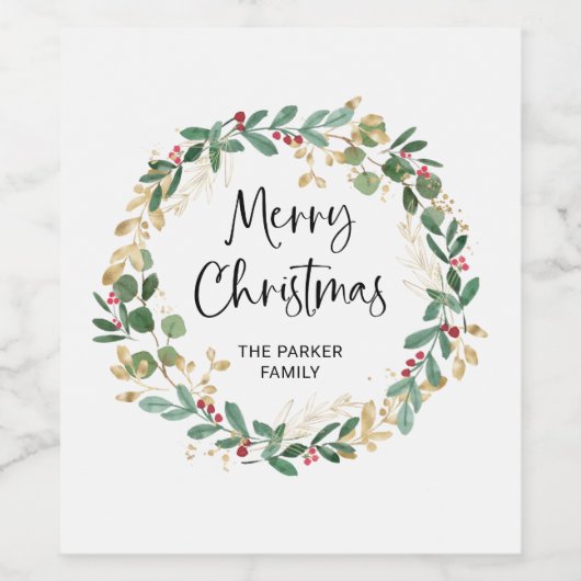 Modern Wreath en script | Vrolijk kerstfeest Wijn Etiket (Enkel label)