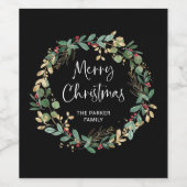 Modern Wreath en script | Vrolijk kerstzwart Wijn Etiket (Enkel label)