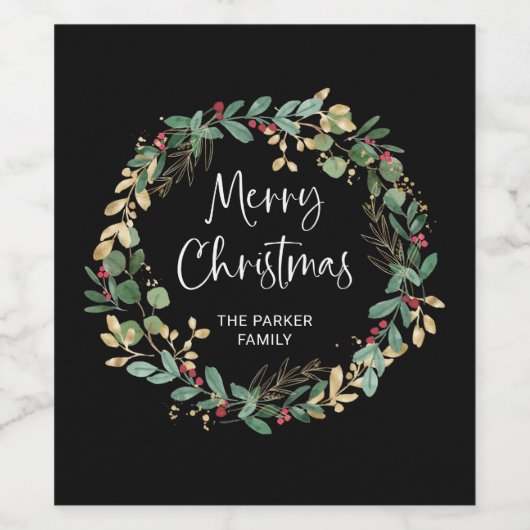 Modern Wreath en script | Vrolijk kerstzwart Wijn Etiket (Enkel label)