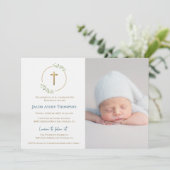 Modern Wreath Gold Cross Baby baptism Photo Blue Kaart (Staand voorkant)