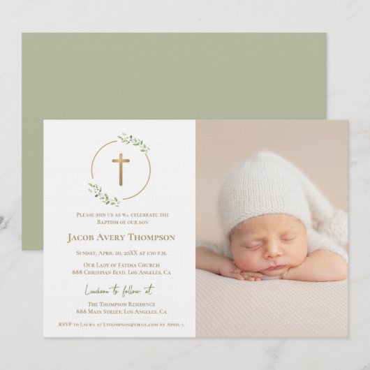 Modern Wreath Gold Cross Baby baptism Photo green Kaart (Voorkant / Achterkant)