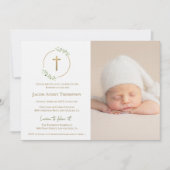 Modern Wreath Gold Cross Baby baptism Photo green Kaart (Voorkant)