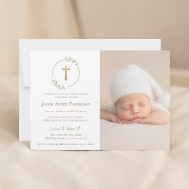 Modern Wreath Gold Cross Baby baptism Photo green Kaart