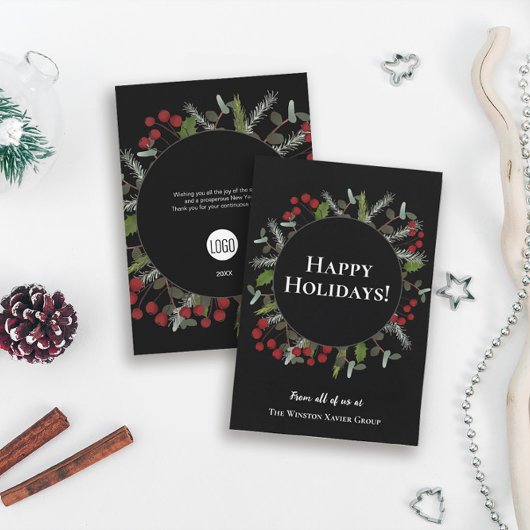 Modern Wreath Holly Corporate met logo Feestdagenkaart