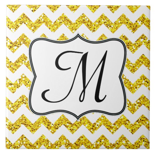 Modern Yello Glitter Chevron Monogram Display Tile Tegeltje (Voorkant)