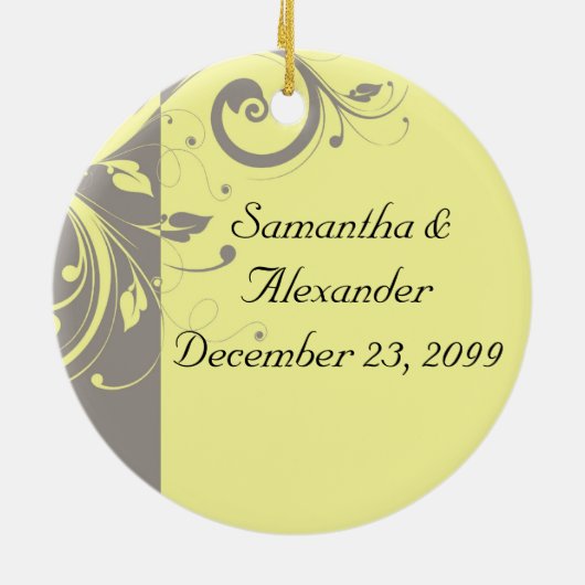 Modern Yellow and Grey Swirl Wedding Keramisch Ornament (Achterkant)