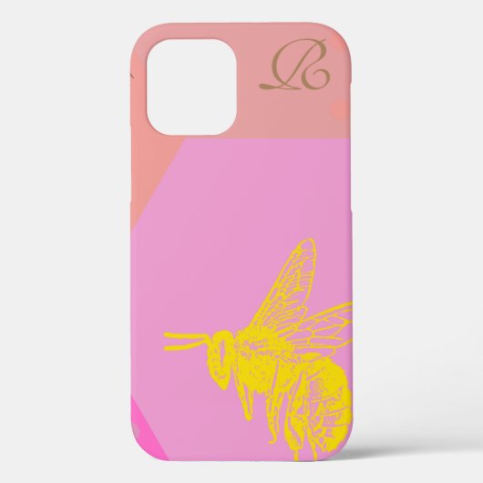 Modern Yellow Bee Monogram Hoesje-Mate iPhone Case (Achterkant)
