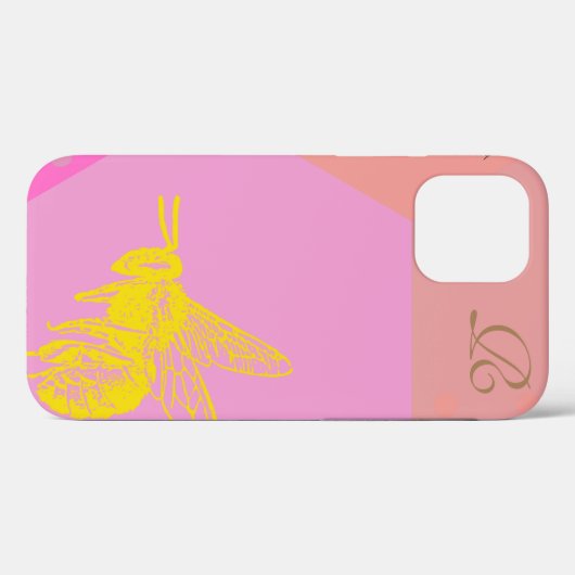 Modern Yellow Bee Monogram Hoesje-Mate iPhone Case (Achterkant (horizontaal))
