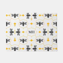 Modern Yellow Black Bee Pattern Elegant Monogram Deurmat