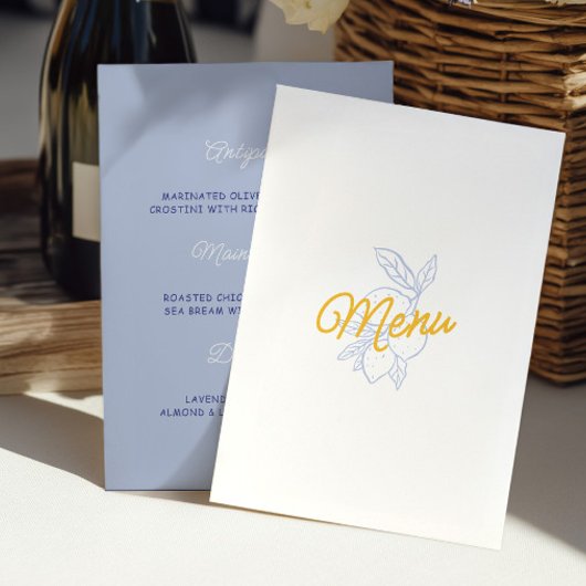 Modern Yellow & Blue Citrus Wedding Menu Card