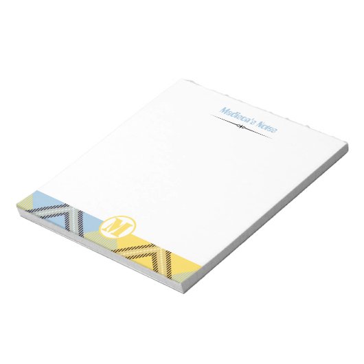 Modern Yellow Blue Tartan Monogram Script Naam Notitieblok (Linkerzijde)