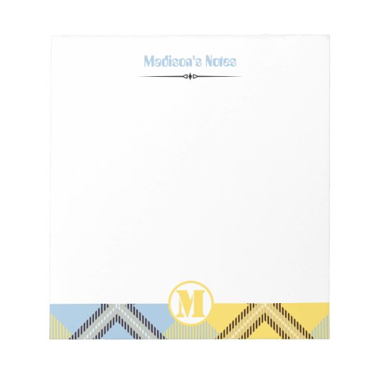 Modern Yellow Blue Tartan Monogram Script Naam Notitieblok (Voorkant)