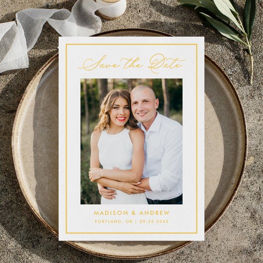 Modern Yellow Border Script Photo Wedding Save The Date