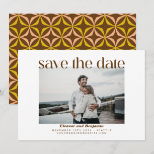 Modern Yellow Brown Retro Typografie Weduwfoto Save The Date