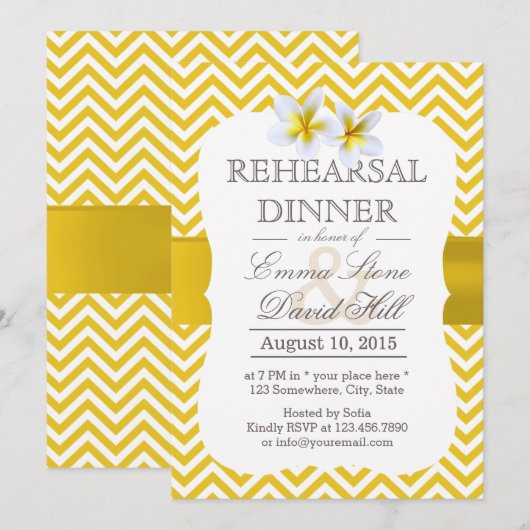 Modern Yellow Chevron Plumeria Rehearsal Dinner Kaart (Voorkant / Achterkant)