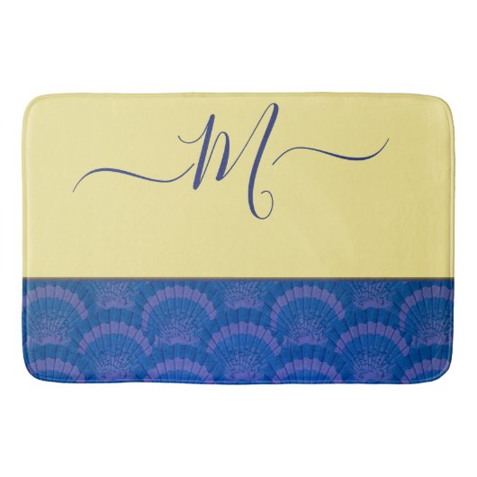 Modern Yellow Coastal Blue Seashell Monogram Bath Badmat (Voorkant)
