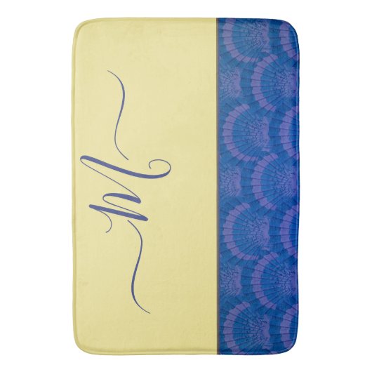Modern Yellow Coastal Blue Seashell Monogram Bath Badmat (Voorkant Verticaal)
