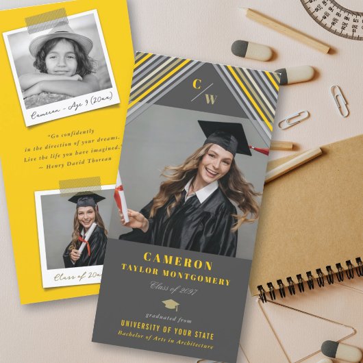 Modern Yellow Diagonal Stripes Photo Graduation Aankondiging