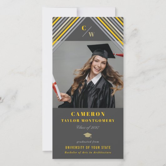 Modern Yellow Diagonal Stripes Photo Graduation Aankondiging (Voorkant)